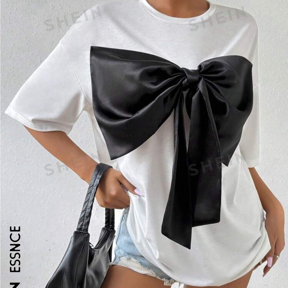 SHEIN Essnce Loose Long Casual T-Shirt With Front 3D Bowknot Design